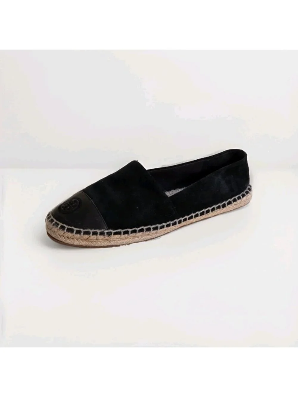 Tory Burch Espadrille Flats Shoes Women 8M Black Suede Leather Cap Toe Double T